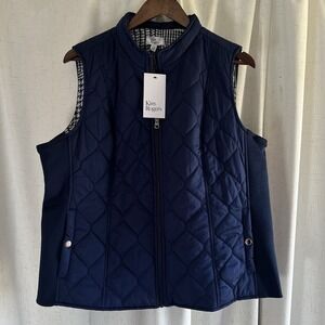 Kim Rogers Jacket Women Petite XL Blue Full Zip Plaid Lined‎ Quilted Golf Vest
